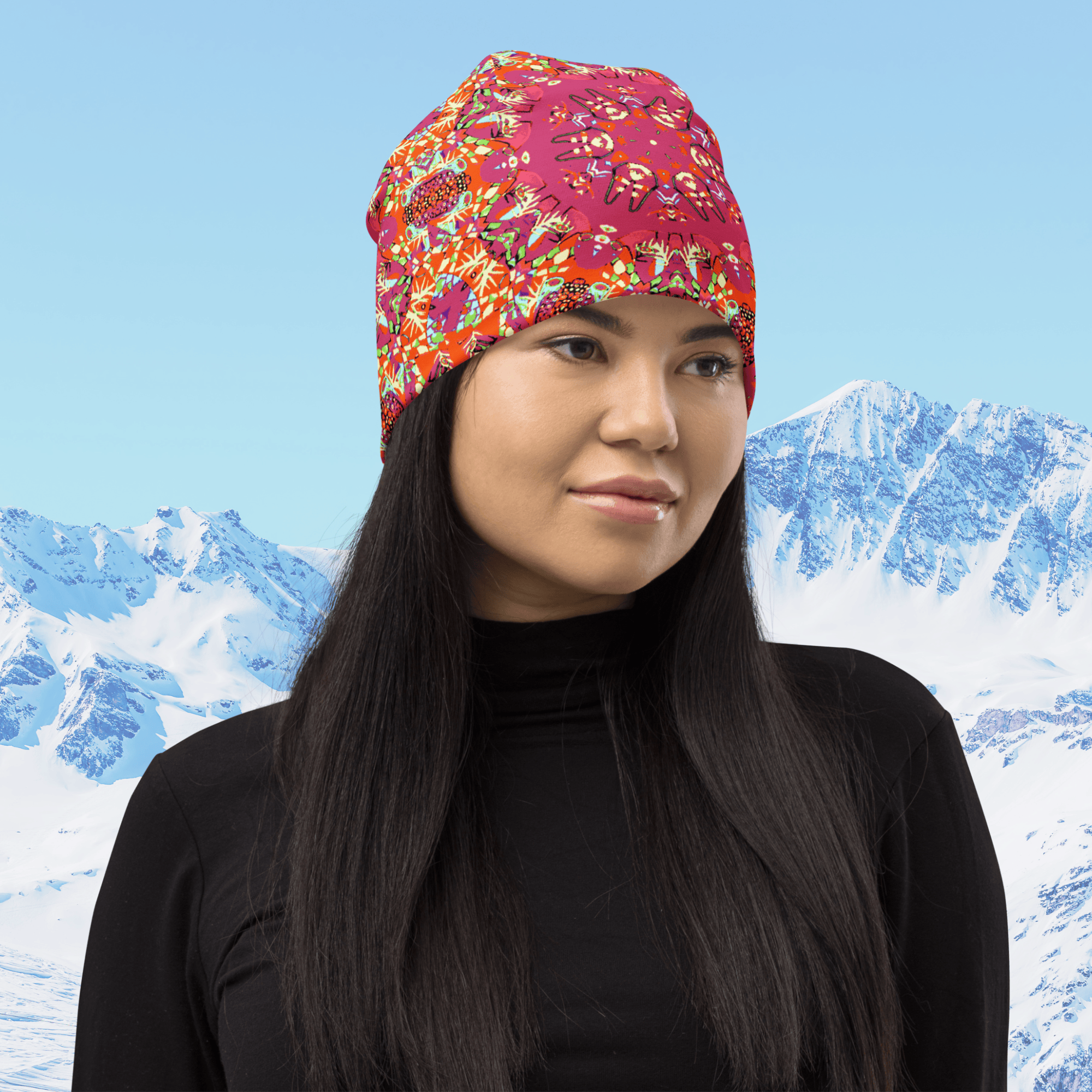Vibrant Apparel New Zealand Hat Red Kaleidoscope All-Over Print Beanie | Double-Layered Streetwear Hat