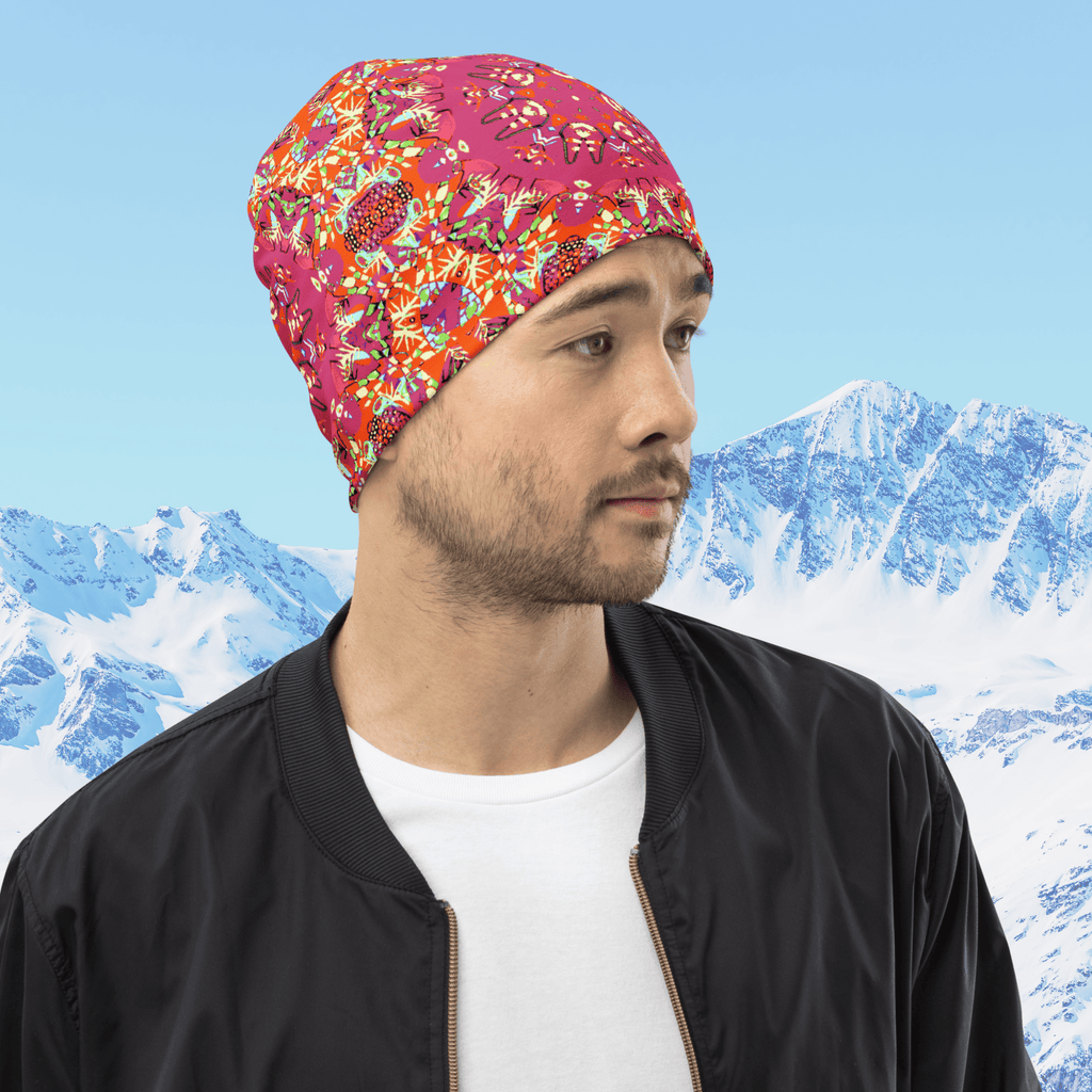 Vibrant Apparel New Zealand Hat Red Kaleidoscope All-Over Print Beanie | Double-Layered Streetwear Hat