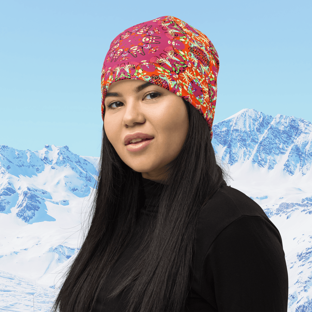 Vibrant Apparel New Zealand Hat Red Kaleidoscope All-Over Print Beanie | Double-Layered Streetwear Hat