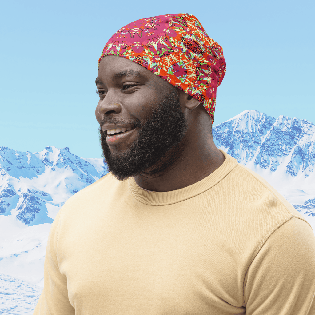 Vibrant Apparel New Zealand Hat Red Kaleidoscope All-Over Print Beanie | Double-Layered Streetwear Hat