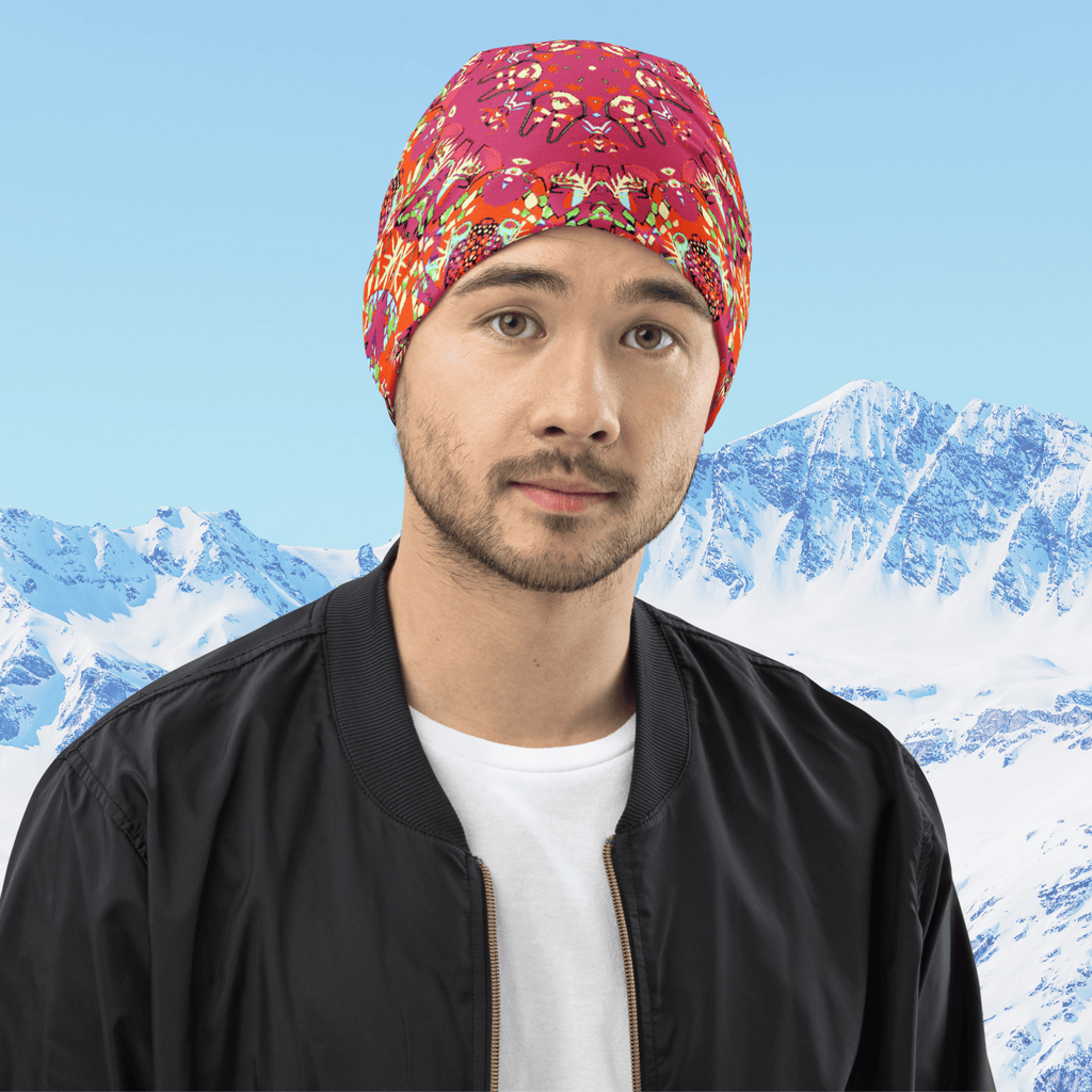 Vibrant Apparel New Zealand Hat Red Kaleidoscope All-Over Print Beanie | Double-Layered Streetwear Hat