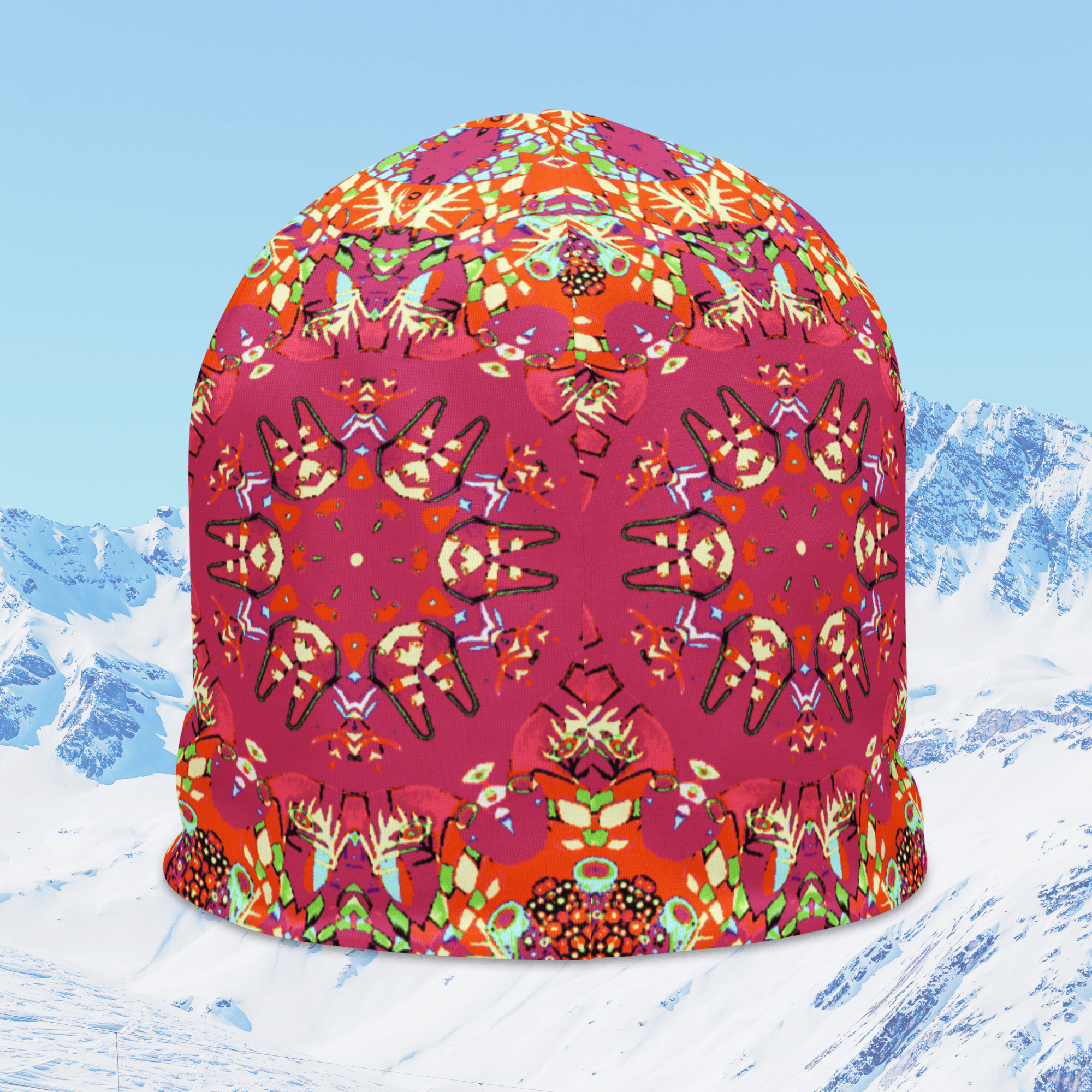 Vibrant Apparel New Zealand Hat Red Kaleidoscope All-Over Print Beanie | Double-Layered Streetwear Hat