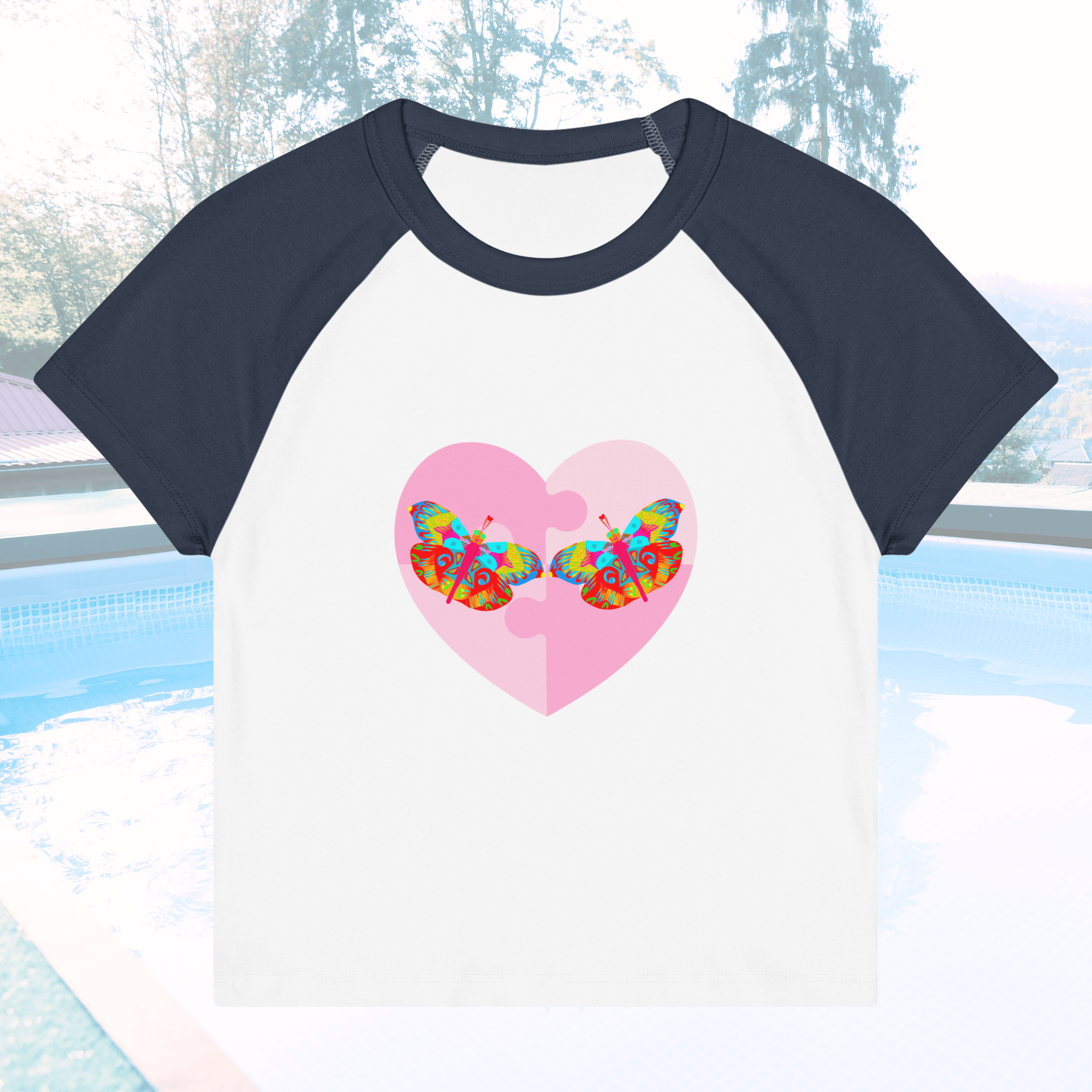 Vibrant Apparel New Zealand T-SHIRT White/Navy / S Butterfly Heart Puzzle Micro Rib Raglan Baby Tee
