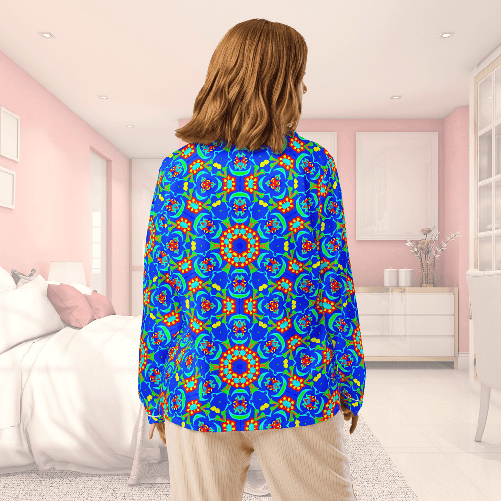 Vibrant Apparel New Zealand CUT-SEW Neon Blue Floral Silky Pajama Top | Relaxed Fit & Elegant Piping