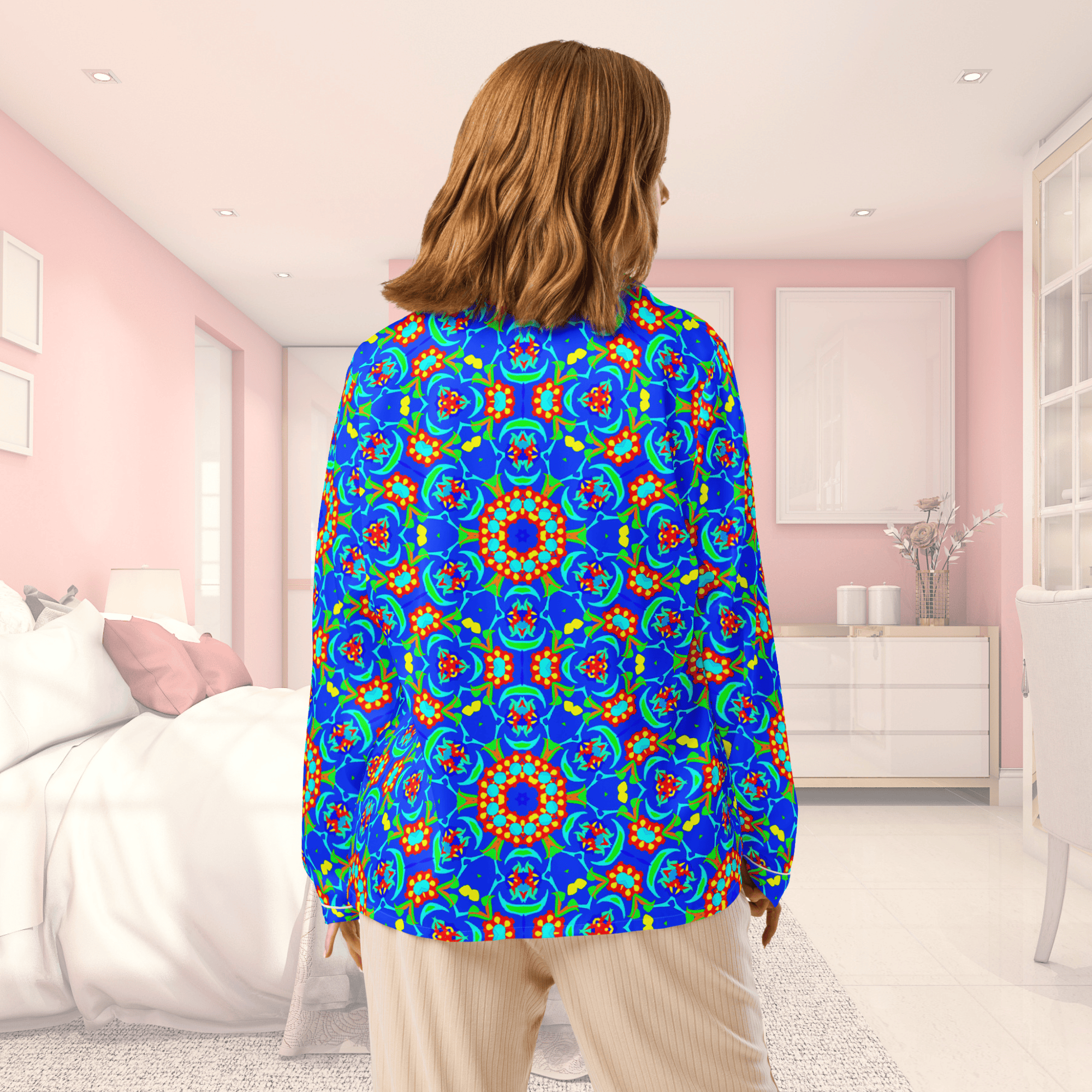 Vibrant Apparel New Zealand CUT-SEW Neon Blue Floral Silky Pajama Top | Relaxed Fit & Elegant Piping
