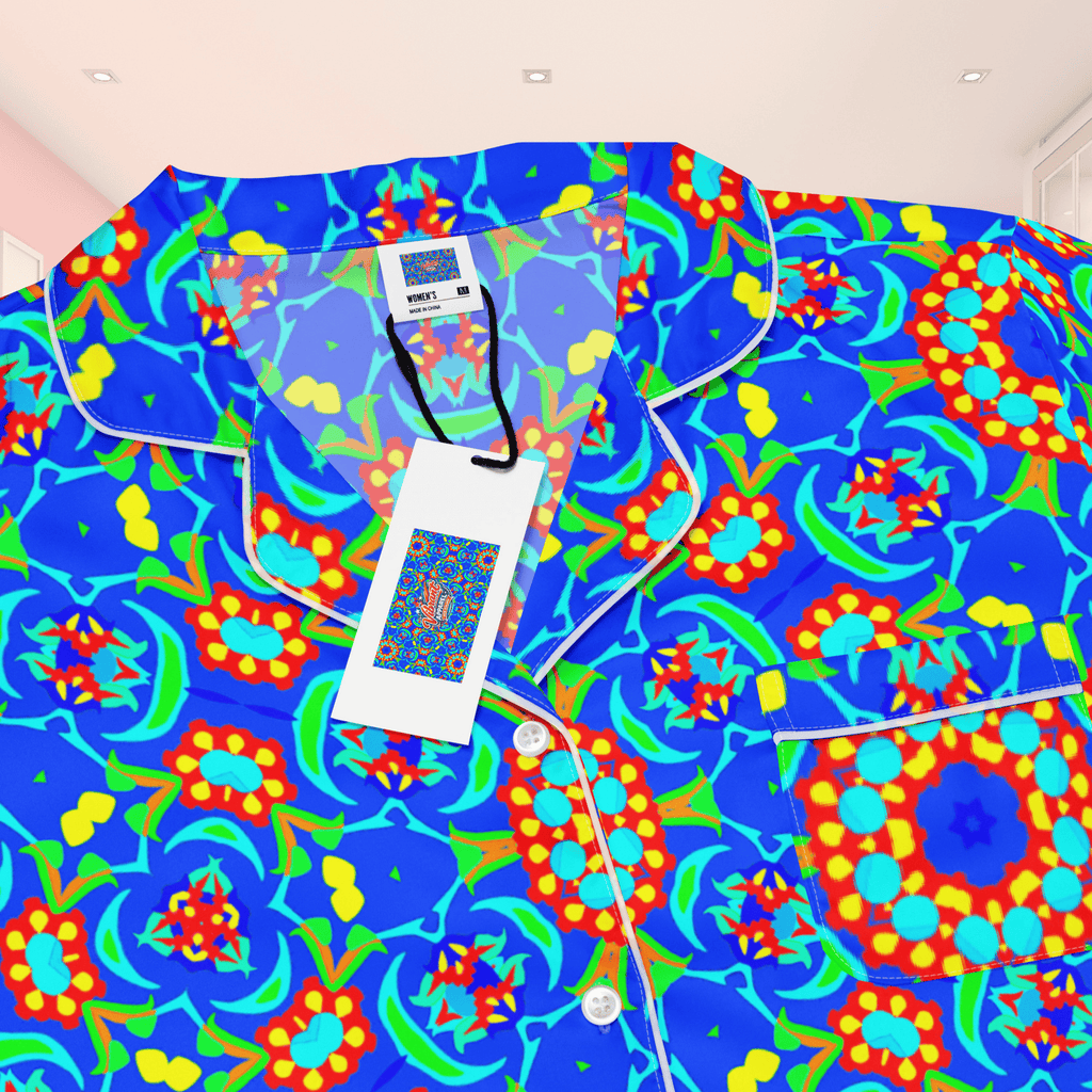 Vibrant Apparel New Zealand CUT-SEW Neon Blue Floral Silky Pajama Top | Relaxed Fit & Elegant Piping