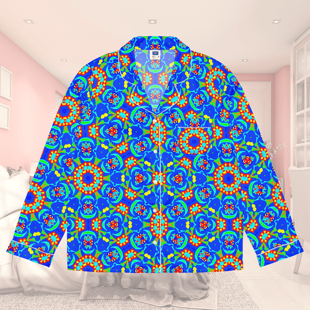 Vibrant Apparel New Zealand CUT-SEW Neon Blue Floral Silky Pajama Top | Relaxed Fit & Elegant Piping