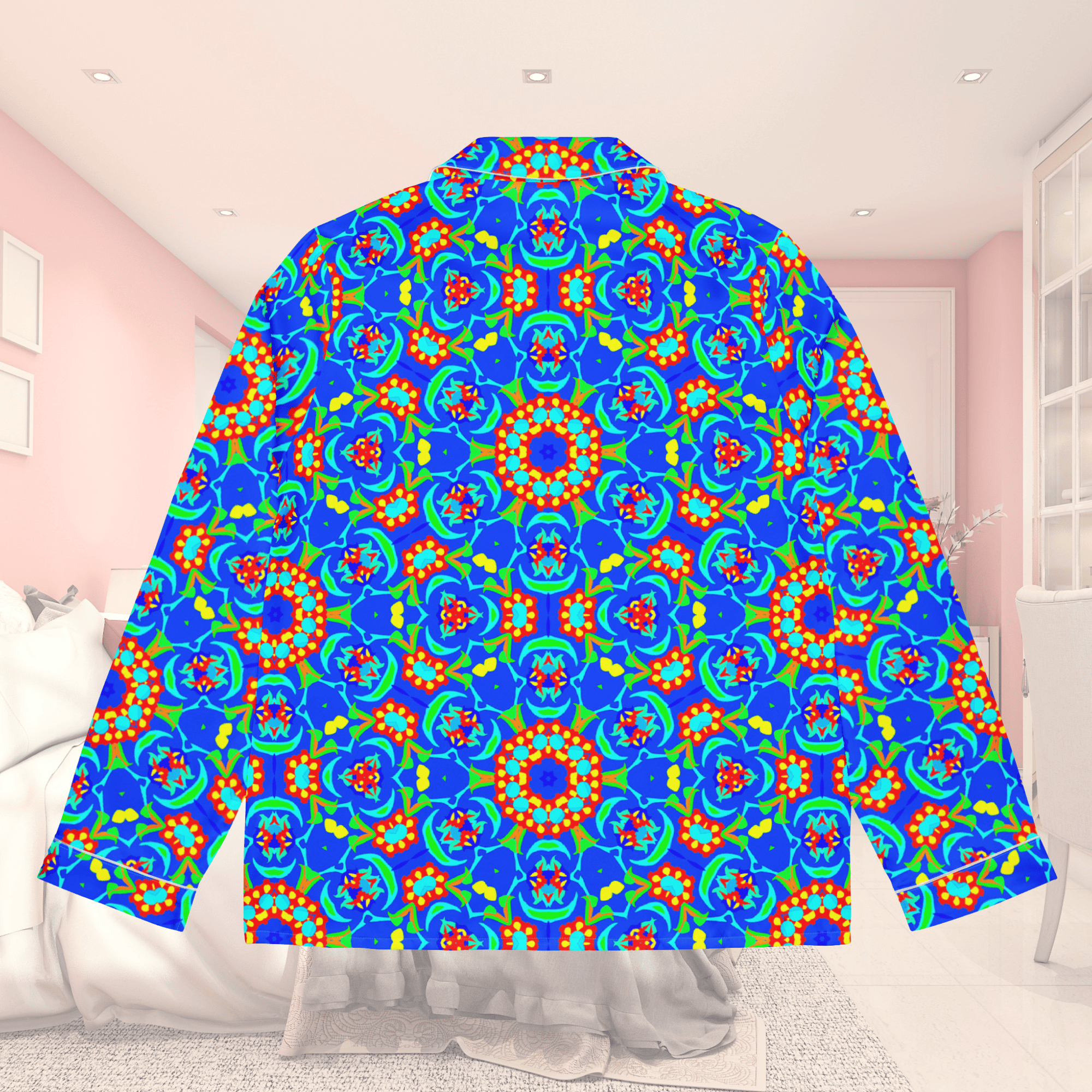 Vibrant Apparel New Zealand CUT-SEW Neon Blue Floral Silky Pajama Top | Relaxed Fit & Elegant Piping