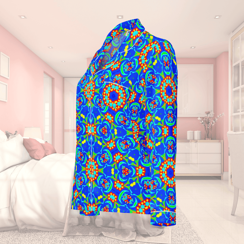 Vibrant Apparel New Zealand CUT-SEW Neon Blue Floral Silky Pajama Top | Relaxed Fit & Elegant Piping