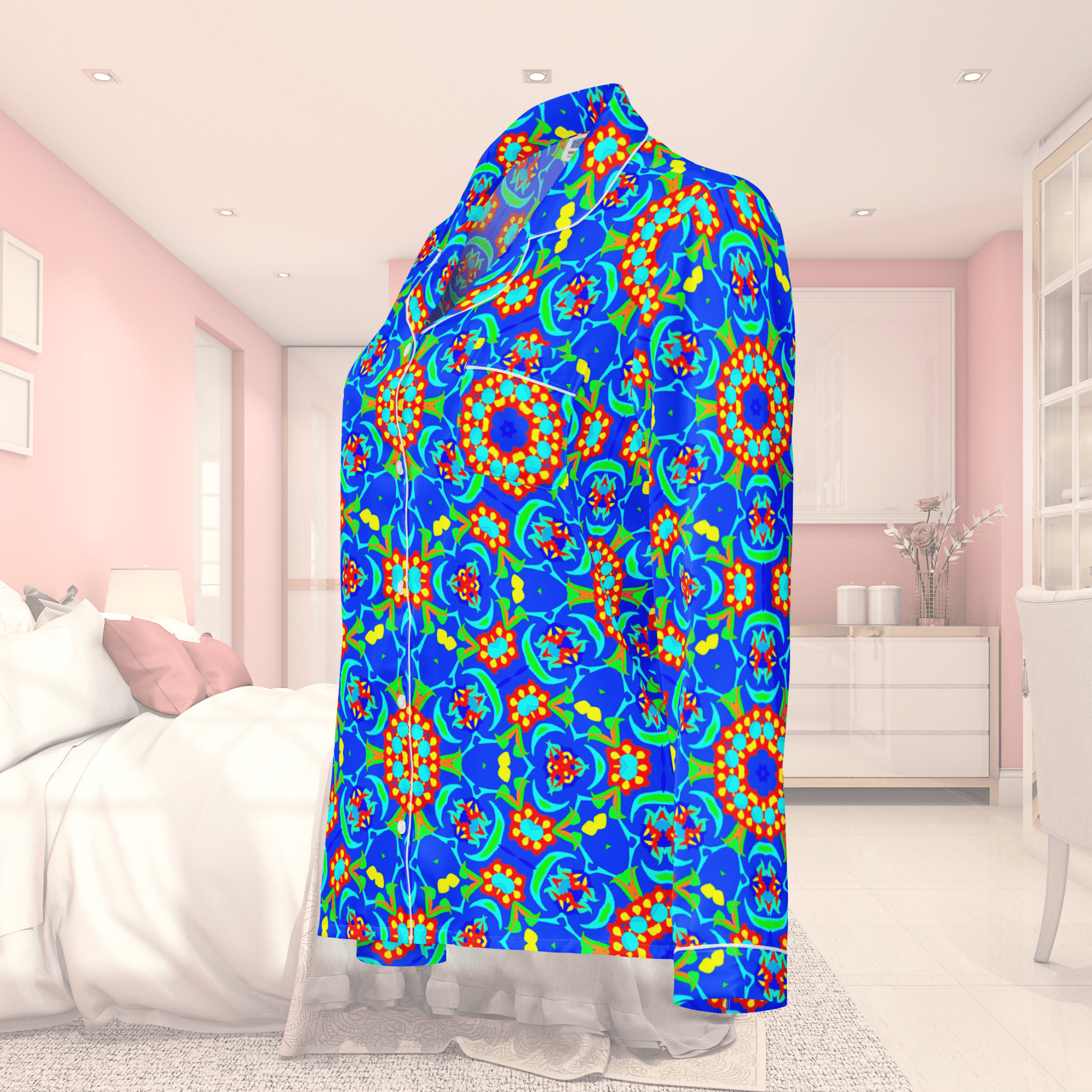 Vibrant Apparel New Zealand CUT-SEW Neon Blue Floral Silky Pajama Top | Relaxed Fit & Elegant Piping