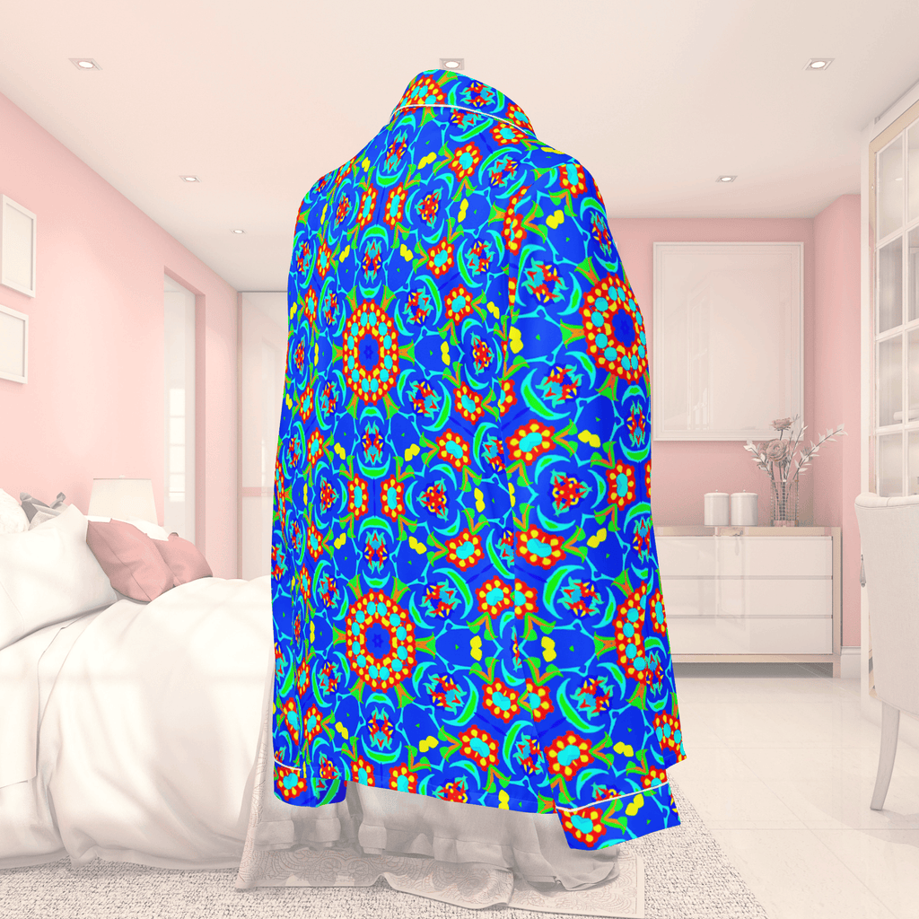 Vibrant Apparel New Zealand CUT-SEW Neon Blue Floral Silky Pajama Top | Relaxed Fit & Elegant Piping