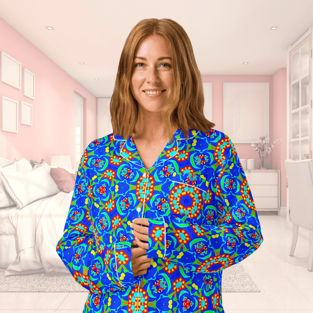 Vibrant Apparel New Zealand CUT-SEW Neon Blue Floral Silky Pajama Top | Relaxed Fit & Elegant Piping