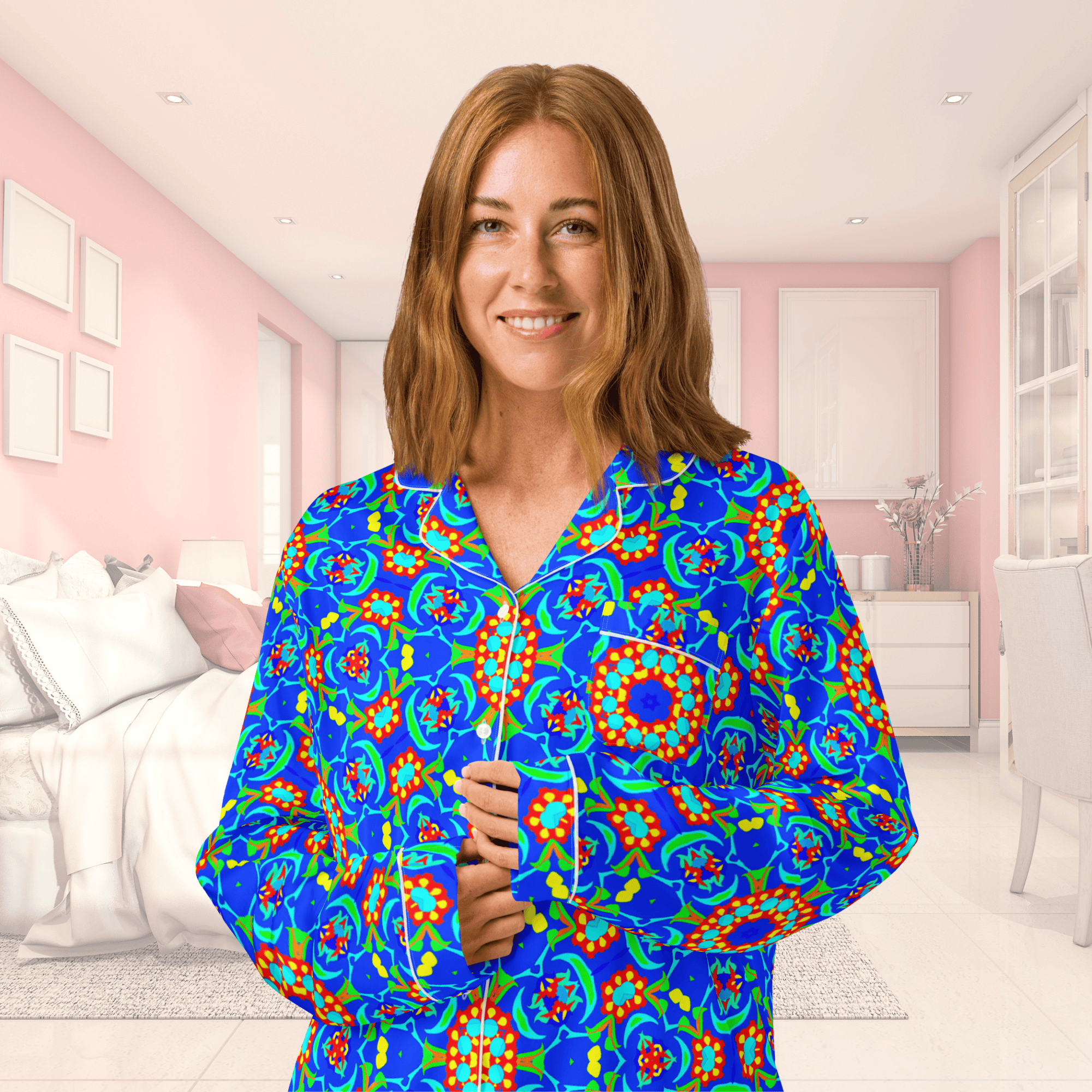Vibrant Apparel New Zealand CUT-SEW Neon Blue Floral Silky Pajama Top | Relaxed Fit & Elegant Piping