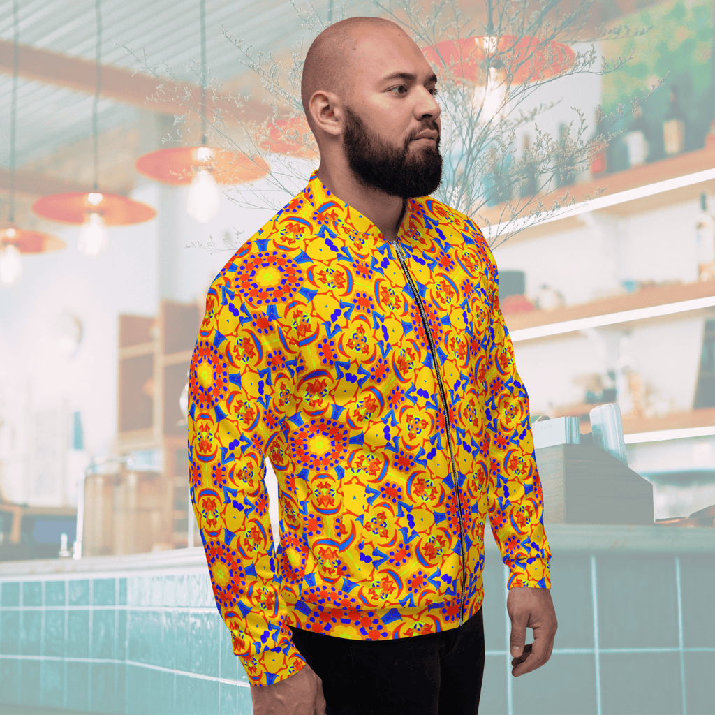 Three-quarter right side profile of a man wearing a yellow patterned bomber jacket, highlighting the structured collar, metallic front zipper, and vibrant geometric print.