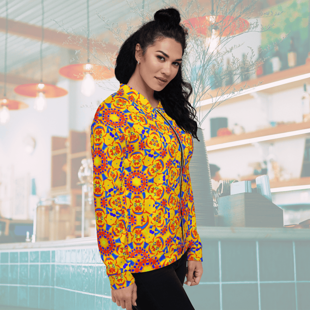 Left Side profile of a woman with her hair in a high bun wearing a yellow and orange kaleidoscope print bomber jacket with dark jeans, showing the sleek fit of the sleeve and ribbed cuff.
