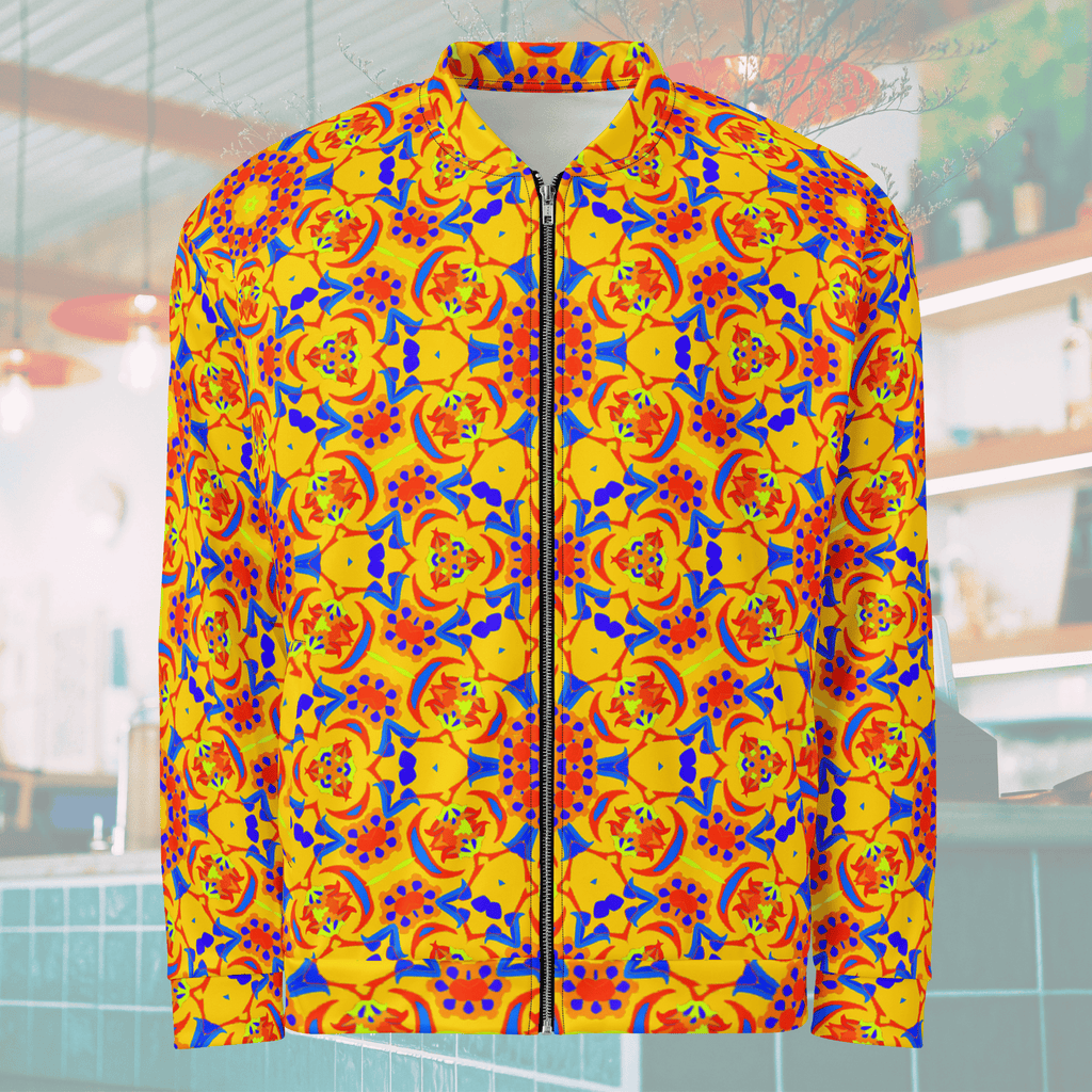 Ghost mannequin front view of a yellow unisex bomber jacket with a metallic front zipper, showcasing an intricate red, orange, and blue tile geometric pattern.