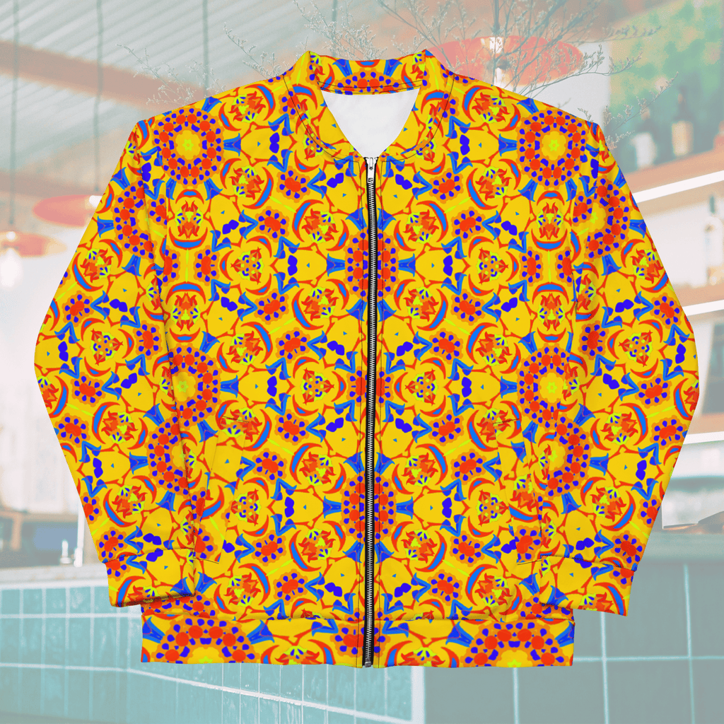 Front flat-lay view of a unisex yellow bomber jacket with a white collar lining and metallic zipper, showcasing an all-over symmetrical tile pattern in bold blue, red, and orange.