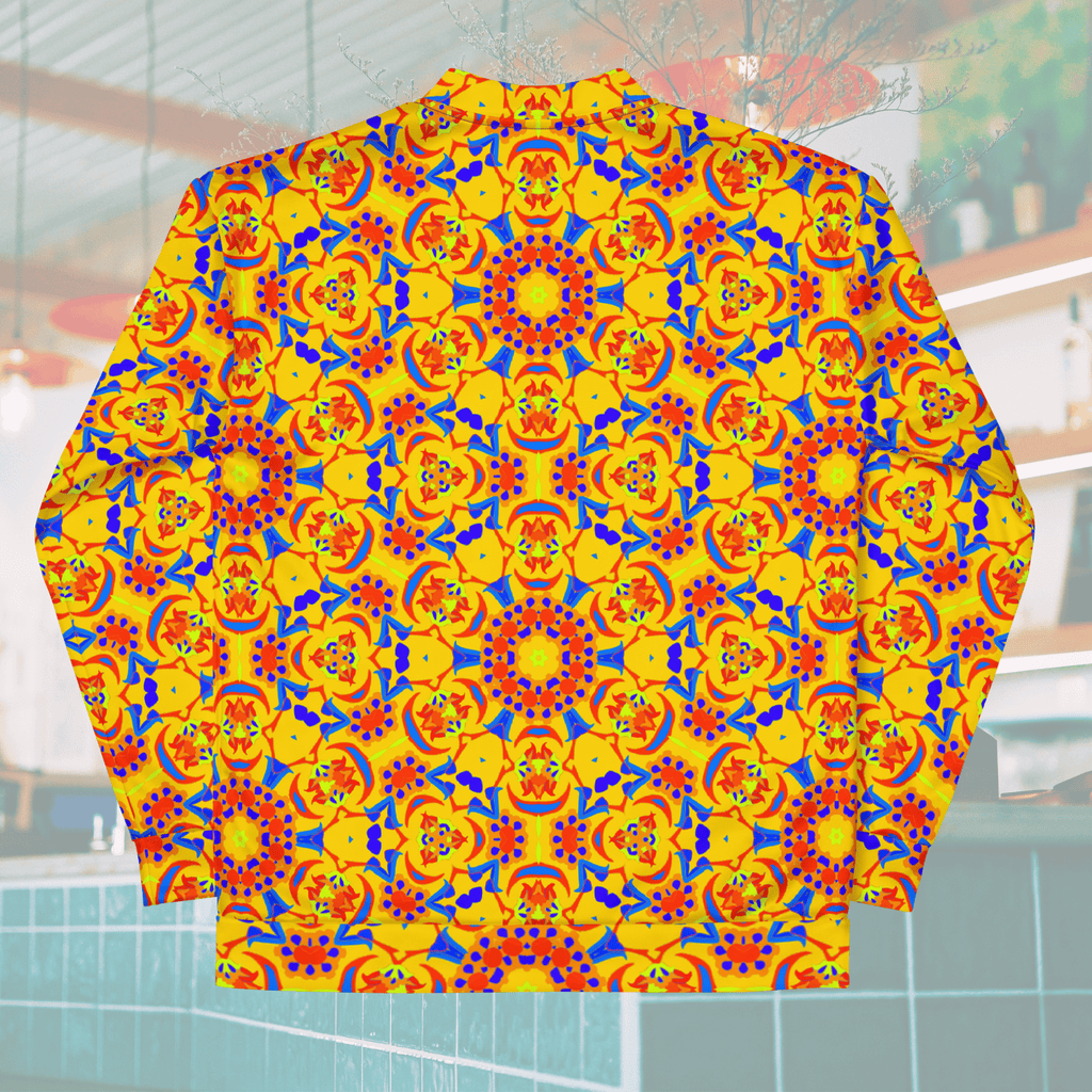 Full back view of a yellow zip-up bomber jacket laid flat, displaying a striking, symmetrical arrangement of large circular geometric mandala art designs.