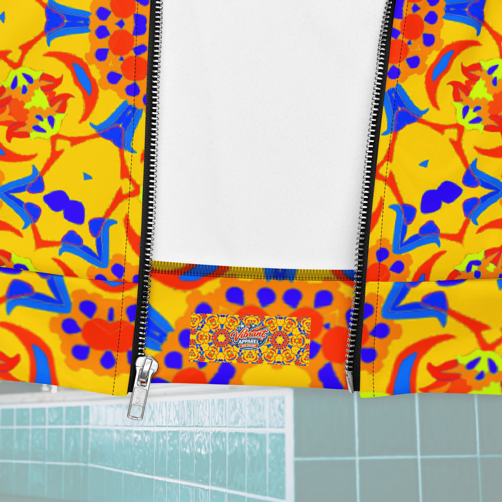 Close-up macro shot of the open metallic zipper on a yellow patterned jacket, revealing a white inner lining and an internal fabric clothing tag that reads "Vibrant Apparel" set against an orange geometric pattern.