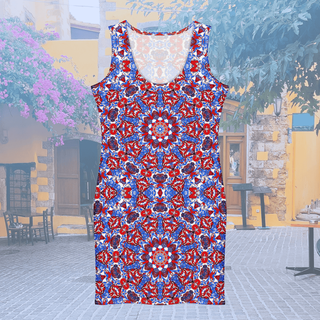 Vibrant Apparel New Zealand DIRECT-TO-FABRIC ✨ Red Blue Star Mandala Bodycon Dress ✨