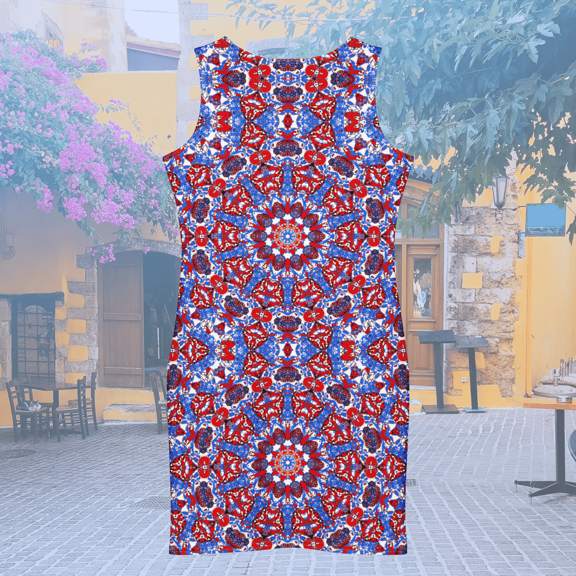 Vibrant Apparel New Zealand DIRECT-TO-FABRIC ✨ Red Blue Star Mandala Bodycon Dress ✨