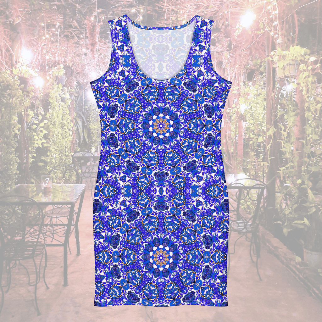 Front view of A sleeveless bodycon dress with a striking blue and white mandala design. The dress has a scoop neckline and a fitted shape. The pattern incorporates various shades of blue, with gold and white details, creating a visually appealing design. The dress is a knee-length.