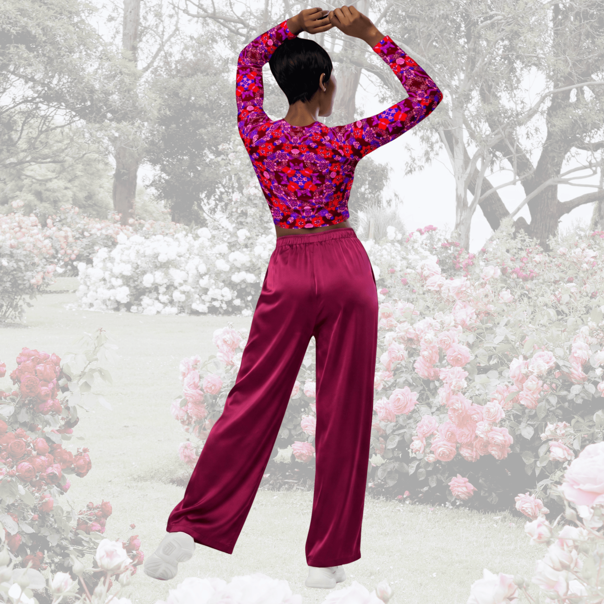 Vibrant Apparel New Zealand CUT-SEW Crimson Floral Recycled Long-Sleeve Crop Top