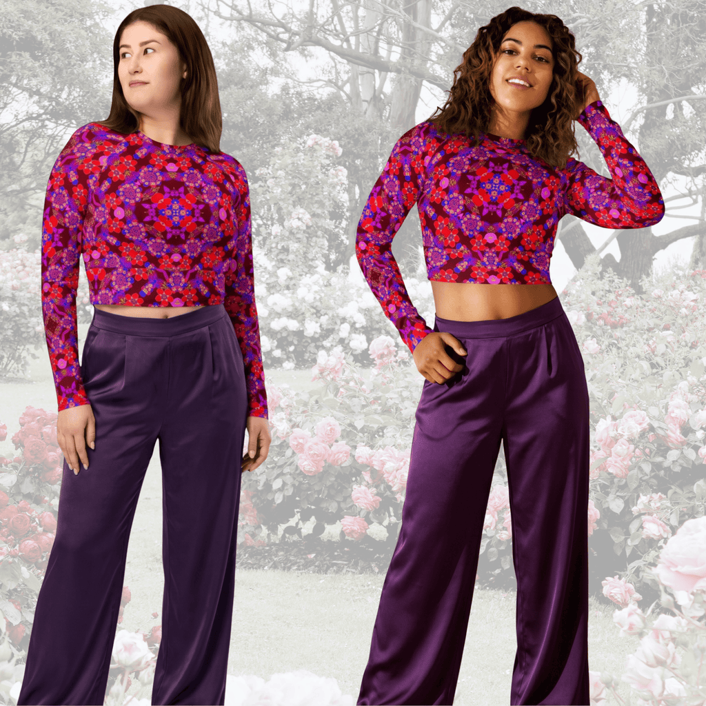 Vibrant Apparel New Zealand CUT-SEW Crimson Floral Recycled Long-Sleeve Crop Top