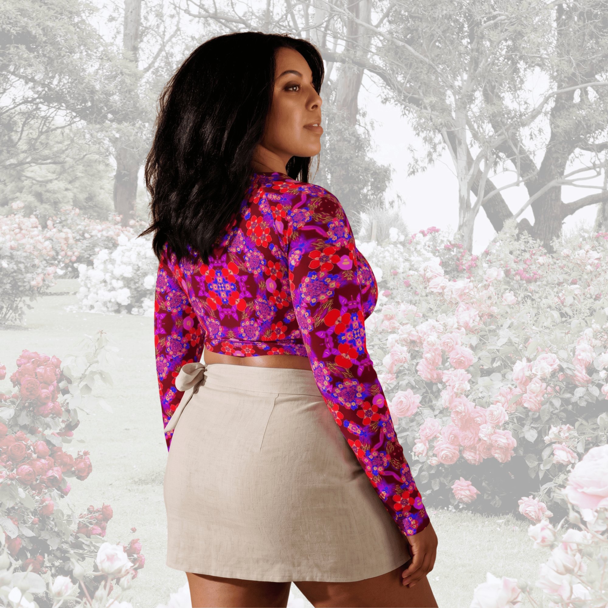 Vibrant Apparel New Zealand CUT-SEW Crimson Floral Recycled Long-Sleeve Crop Top