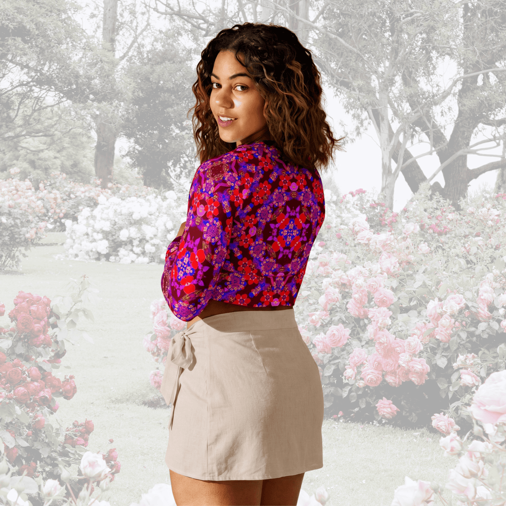 Vibrant Apparel New Zealand CUT-SEW Crimson Floral Recycled Long-Sleeve Crop Top