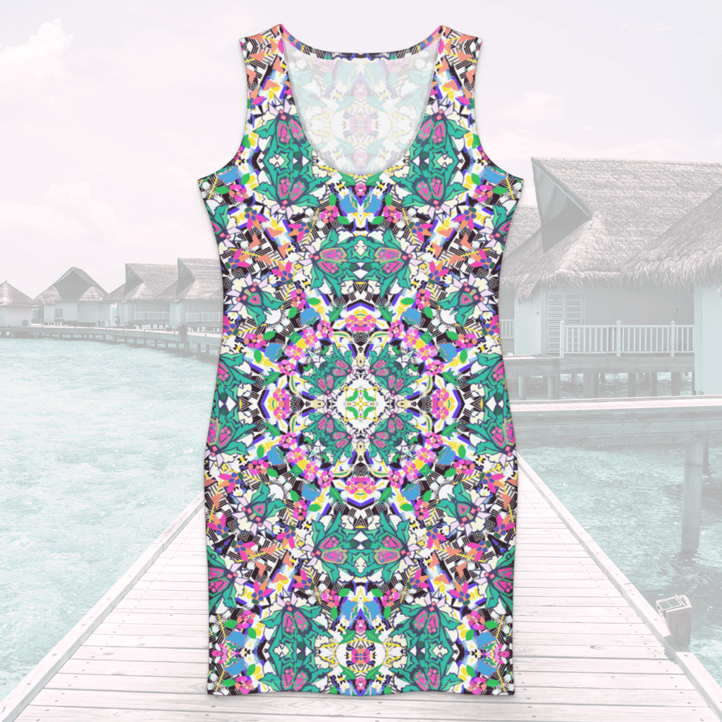 Product mockup showing the front scoop-neck view of a sleeveless bodycon dress with an intricate, colorful mandala pattern. The background features a tropical resort setting with a boardwalk and overwater villas.