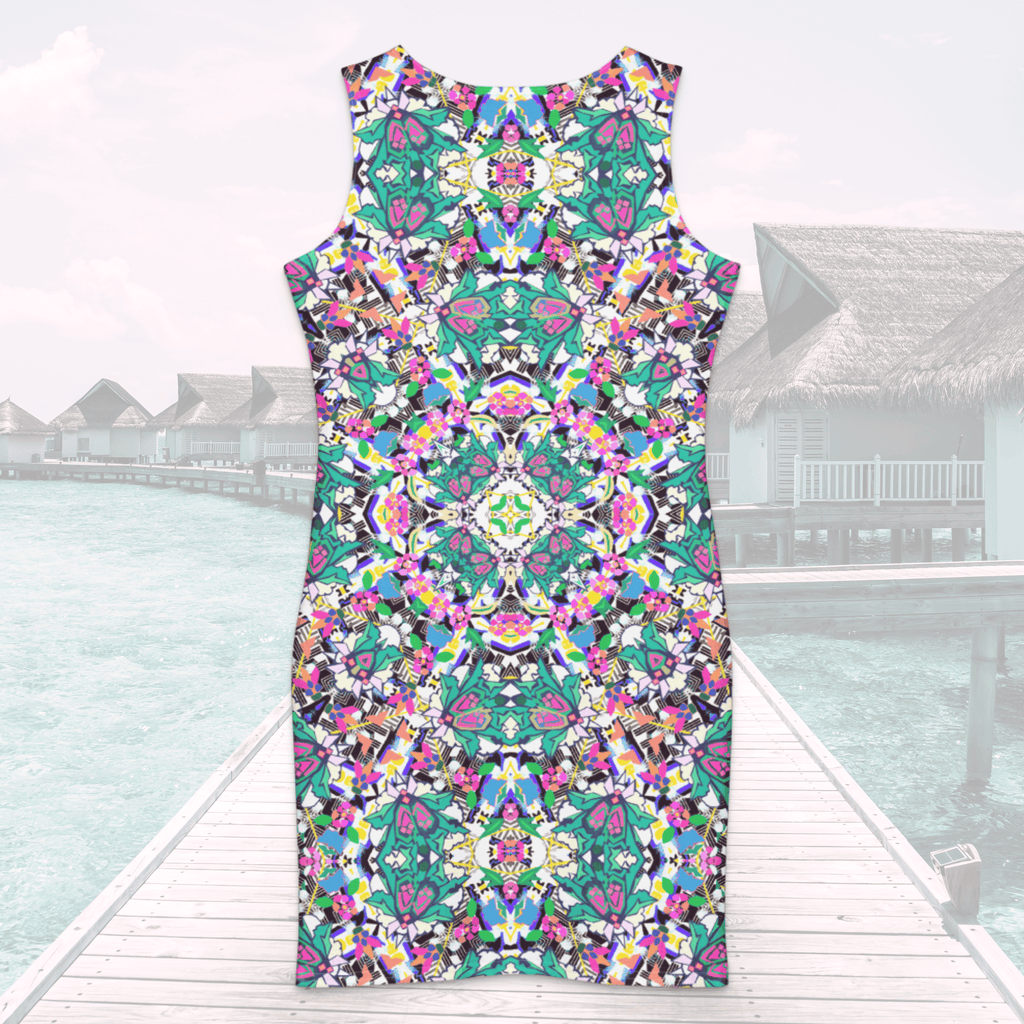 Product mockup showing the back of a sleeveless bodycon dress with a vibrant teal and pink kaleidoscope print. The dress is overlaid onto a scenic background of a wooden boardwalk leading to overwater resort bungalows.