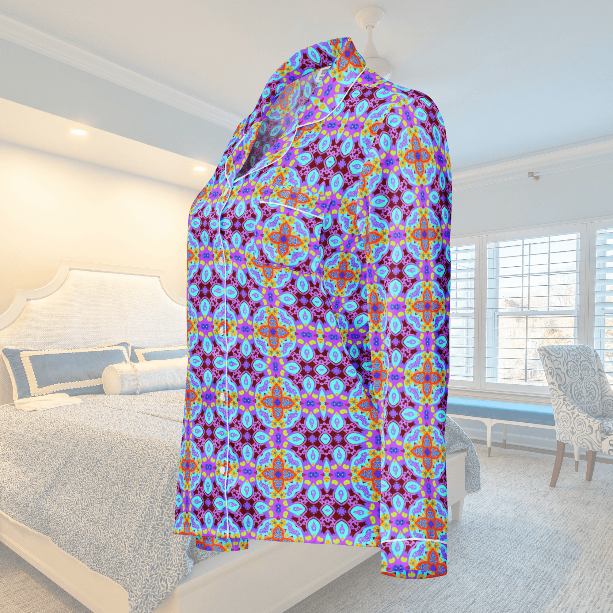 Vibrant Apparel New Zealand CUT-SEW Purple Blue Mosaic Women's Long Sleeve Silky Pajama Top