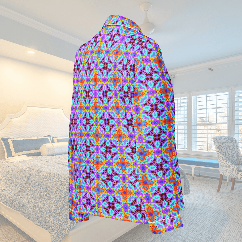 Vibrant Apparel New Zealand CUT-SEW Purple Blue Mosaic Women's Long Sleeve Silky Pajama Top