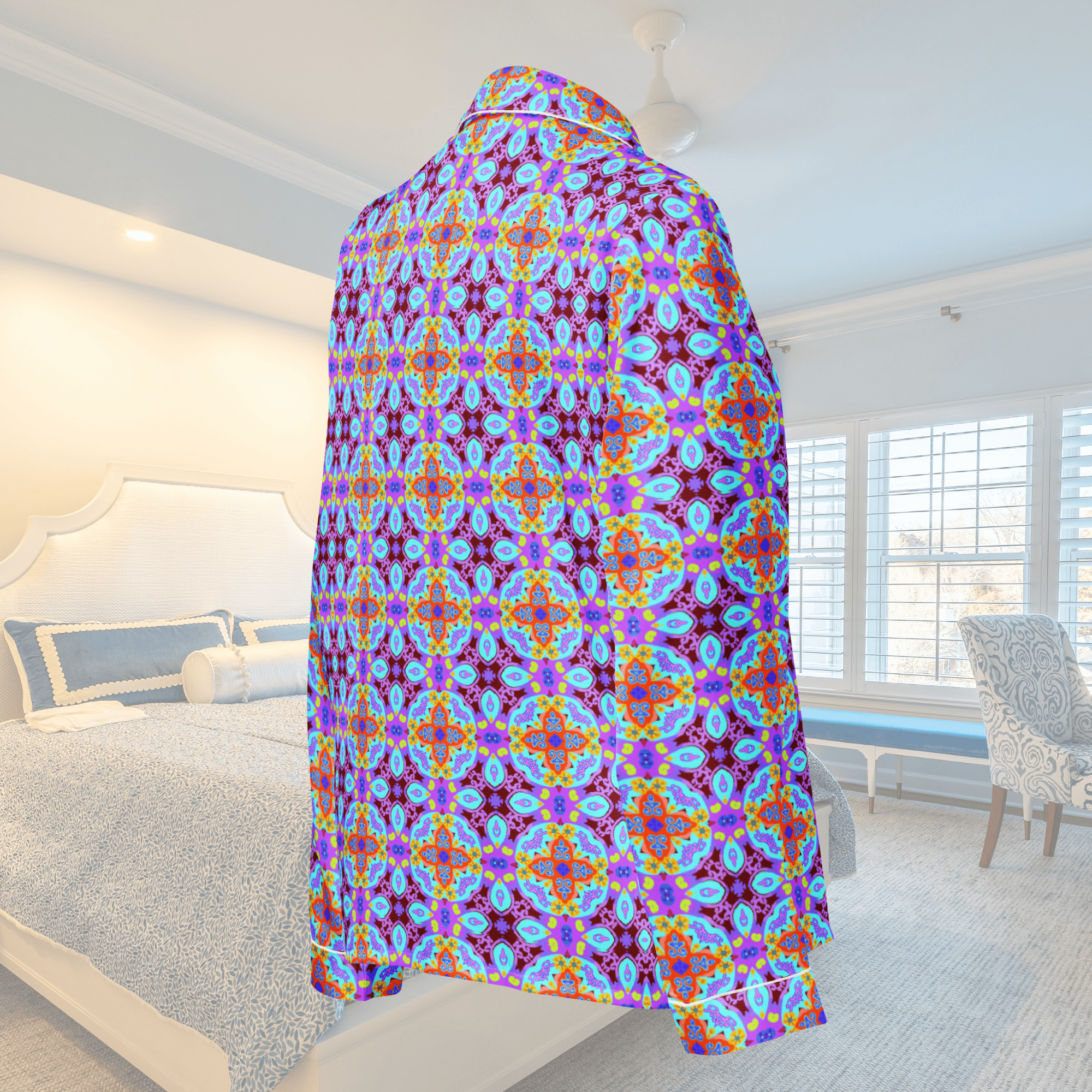 Vibrant Apparel New Zealand CUT-SEW Purple Blue Mosaic Women's Long Sleeve Silky Pajama Top