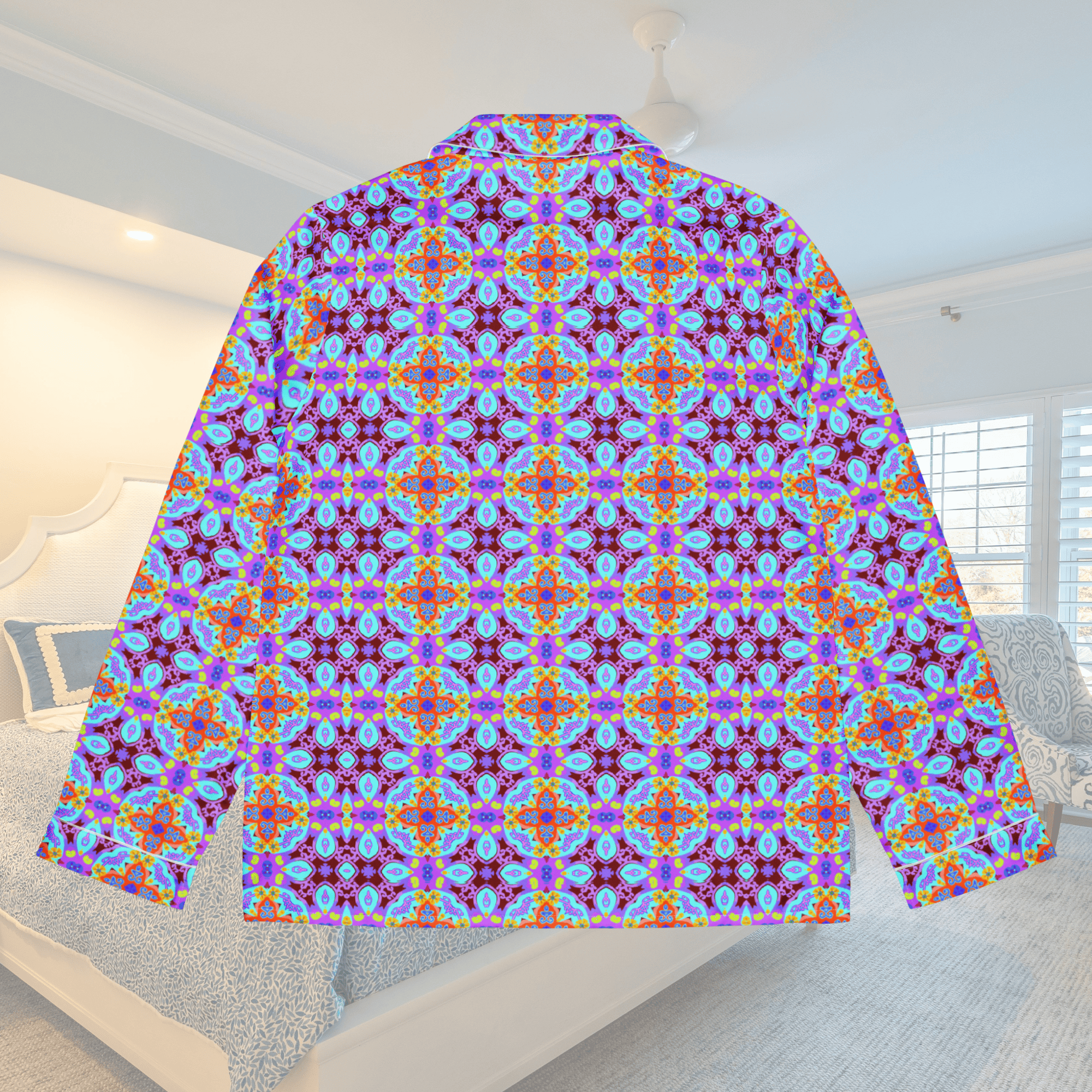 Vibrant Apparel New Zealand CUT-SEW Purple Blue Mosaic Women's Long Sleeve Silky Pajama Top