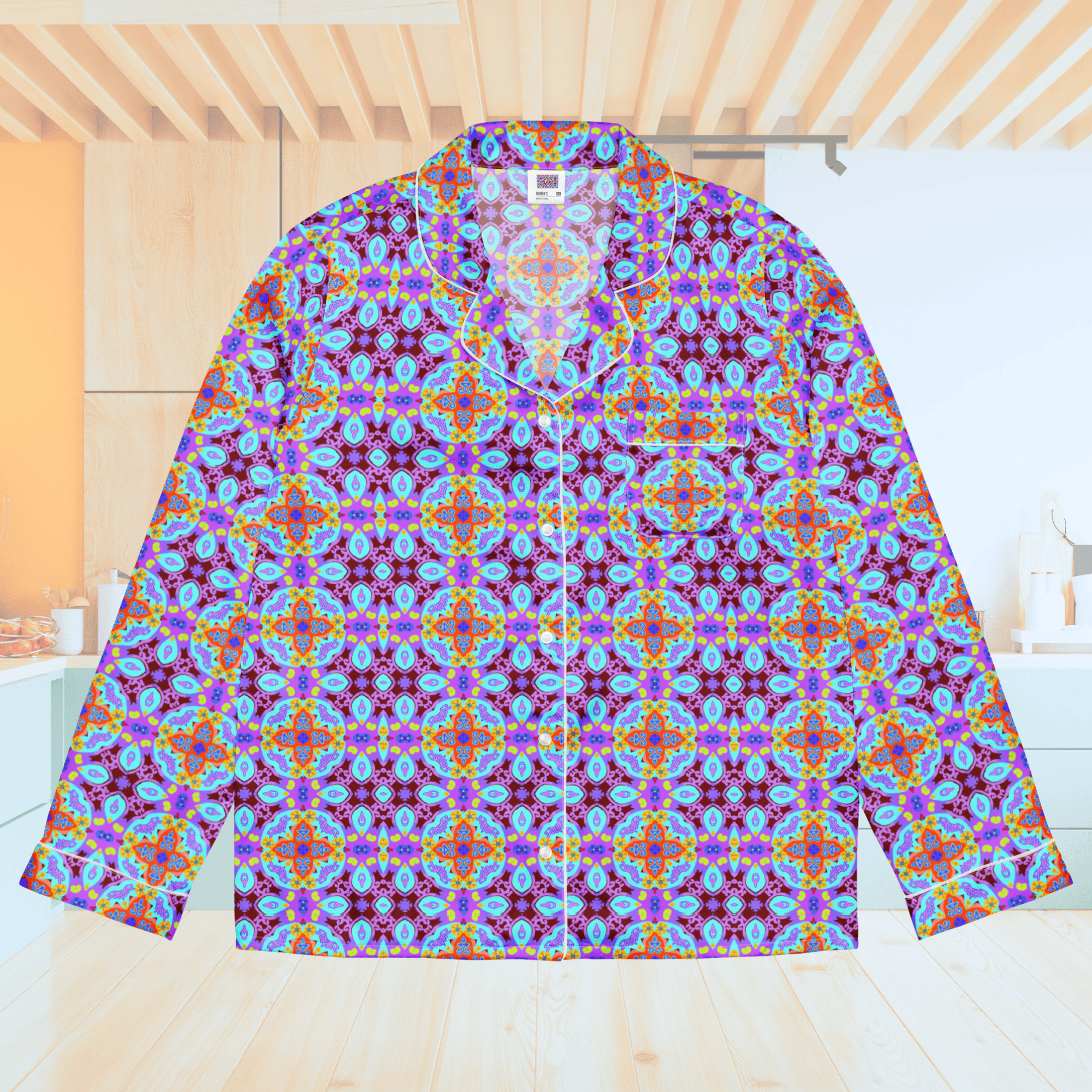 Vibrant Apparel New Zealand CUT-SEW Purple Blue Mosaic Women's Long Sleeve Silky Pajama Top