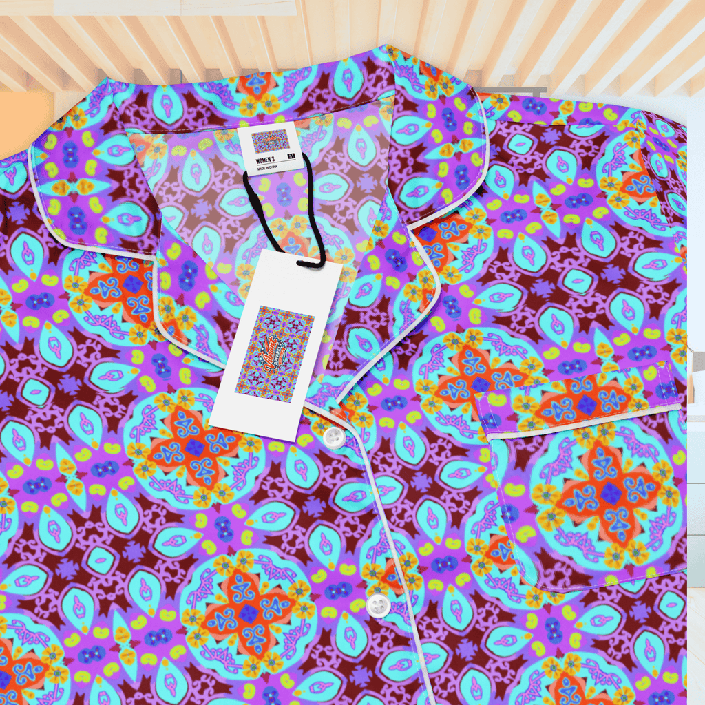 Vibrant Apparel New Zealand CUT-SEW Purple Blue Mosaic Women's Long Sleeve Silky Pajama Top