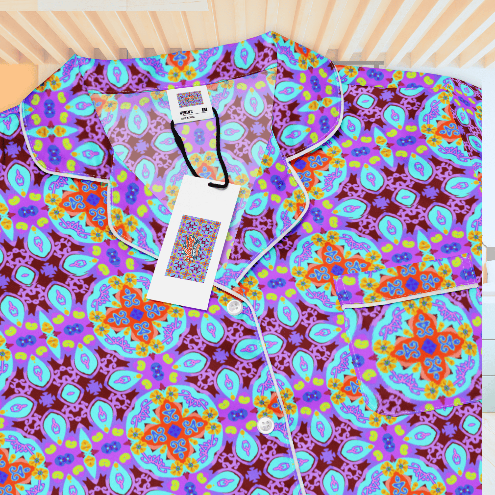 Vibrant Apparel New Zealand CUT-SEW Purple Blue Mosaic Women's Long Sleeve Silky Pajama Top