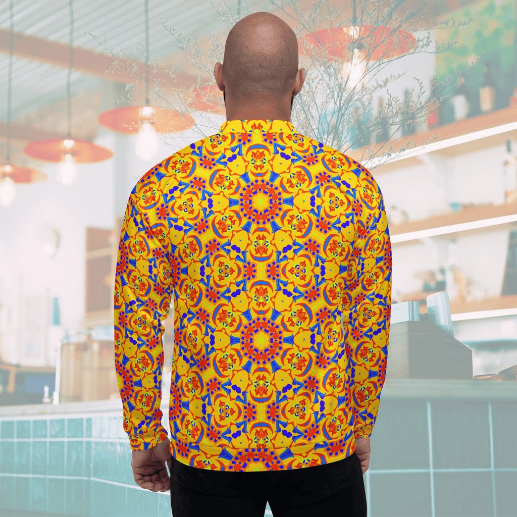 Rear view of a bald man showcasing the back design of a yellow bomber jacket adorned with large, symmetrical red, orange, and blue mandala art circles.