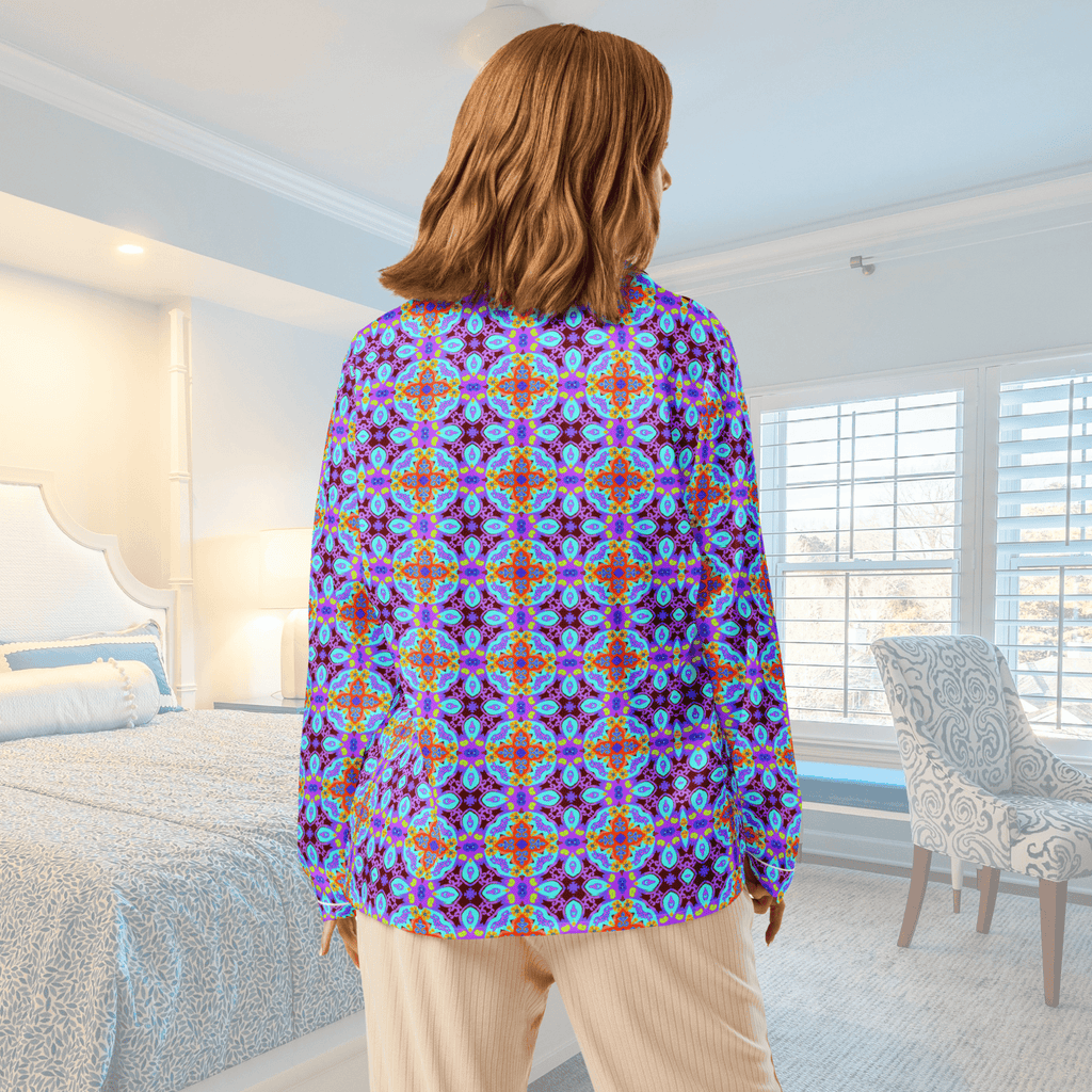 Vibrant Apparel New Zealand CUT-SEW Purple Blue Mosaic Women's Long Sleeve Silky Pajama Top