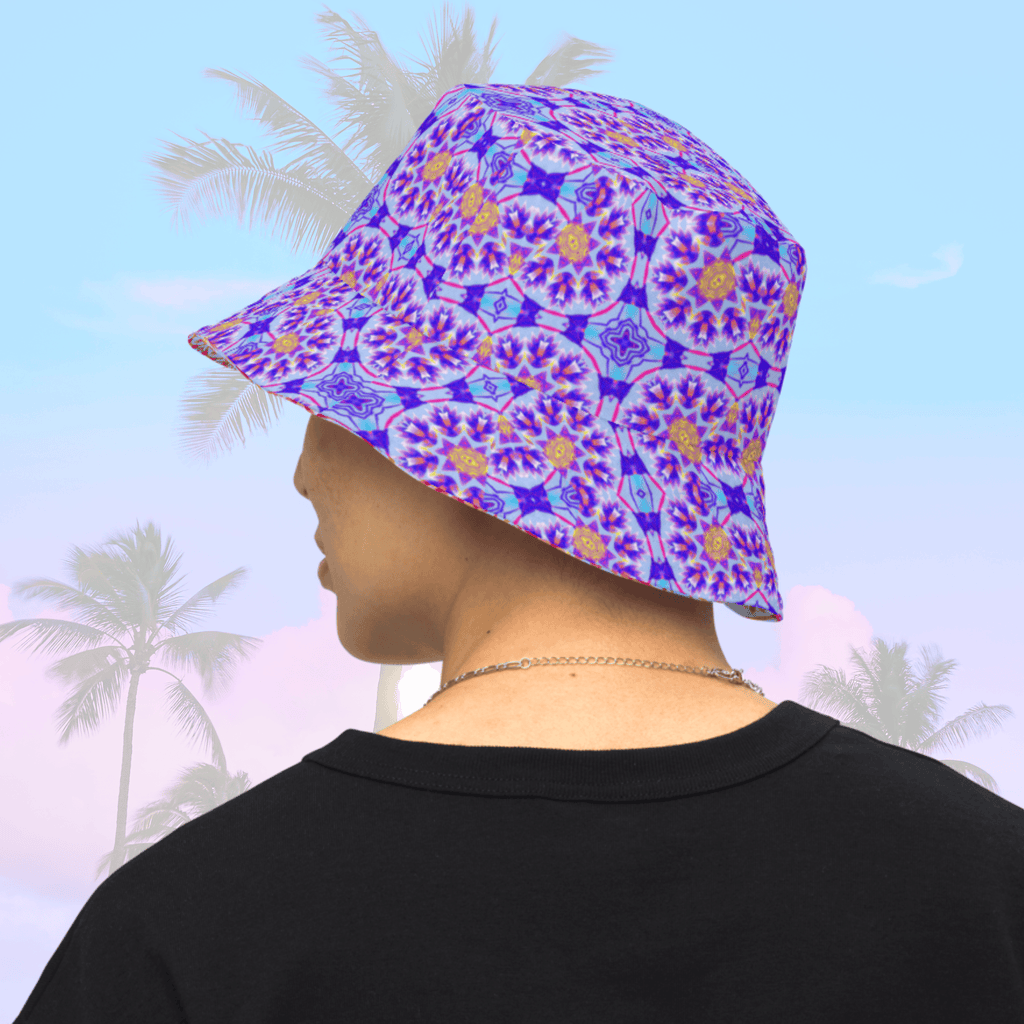 Vibrant Apparel New Zealand Reversible Kaleidoscope Bucket Hat | Purple & Orange Sunburst Festival Hat