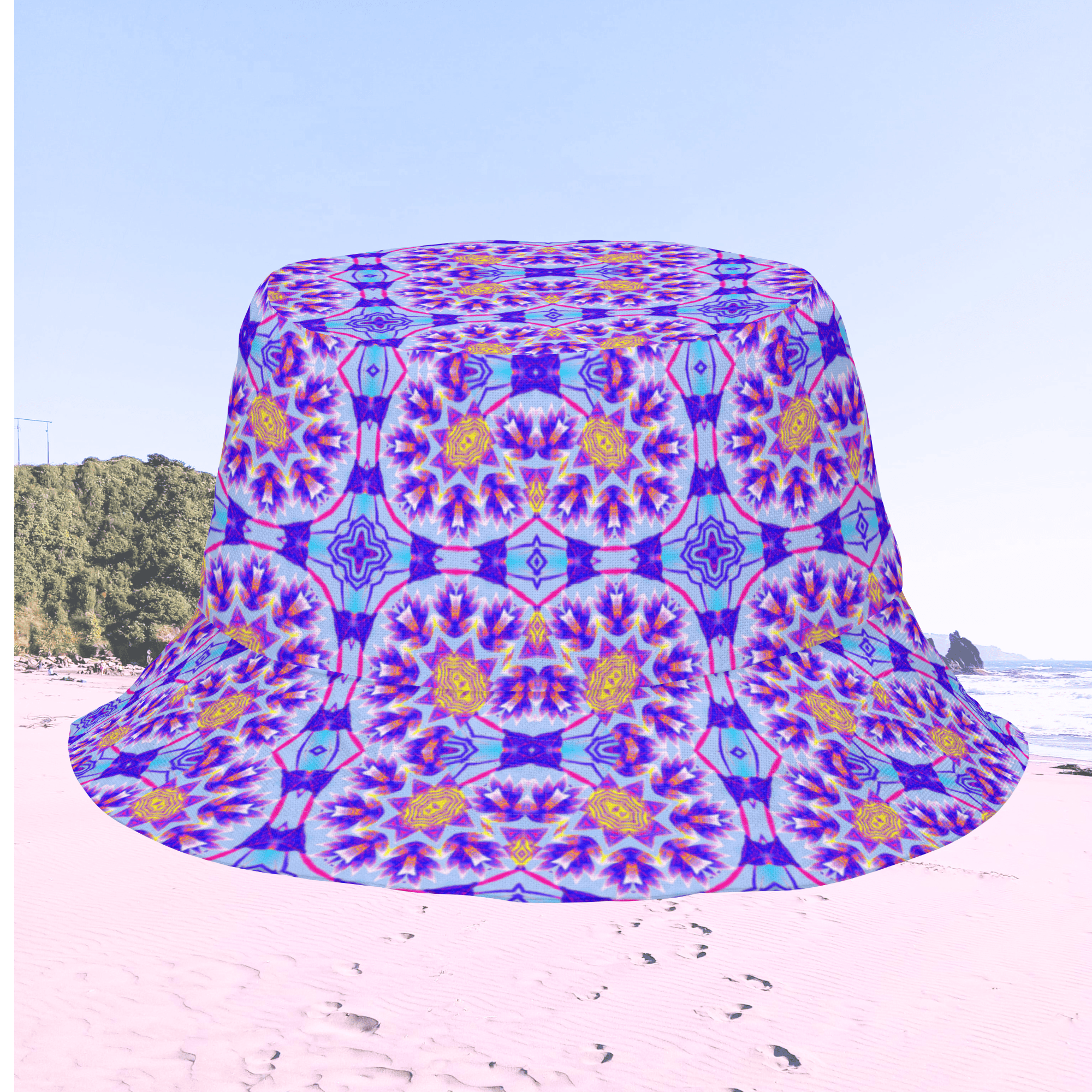Vibrant Apparel New Zealand Reversible Kaleidoscope Bucket Hat | Purple & Orange Sunburst Festival Hat