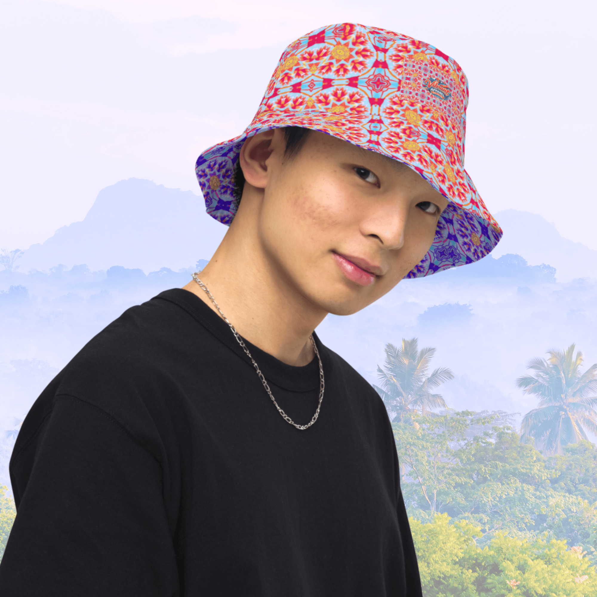 Vibrant Apparel New Zealand Reversible Kaleidoscope Bucket Hat | Purple & Orange Sunburst Festival Hat