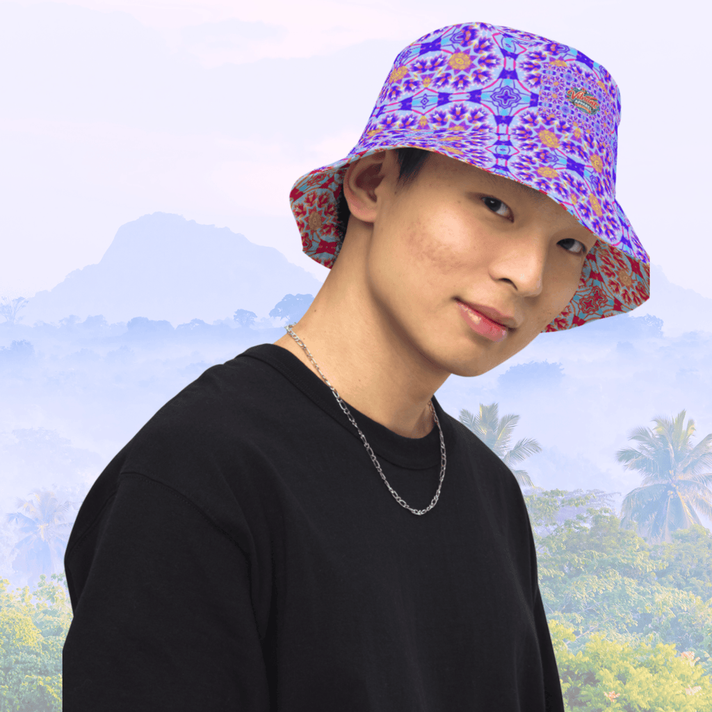 Vibrant Apparel New Zealand Reversible Kaleidoscope Bucket Hat | Purple & Orange Sunburst Festival Hat