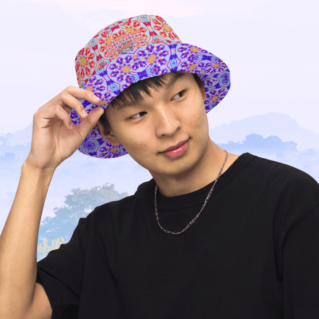Vibrant Apparel New Zealand Reversible Kaleidoscope Bucket Hat | Purple & Orange Sunburst Festival Hat