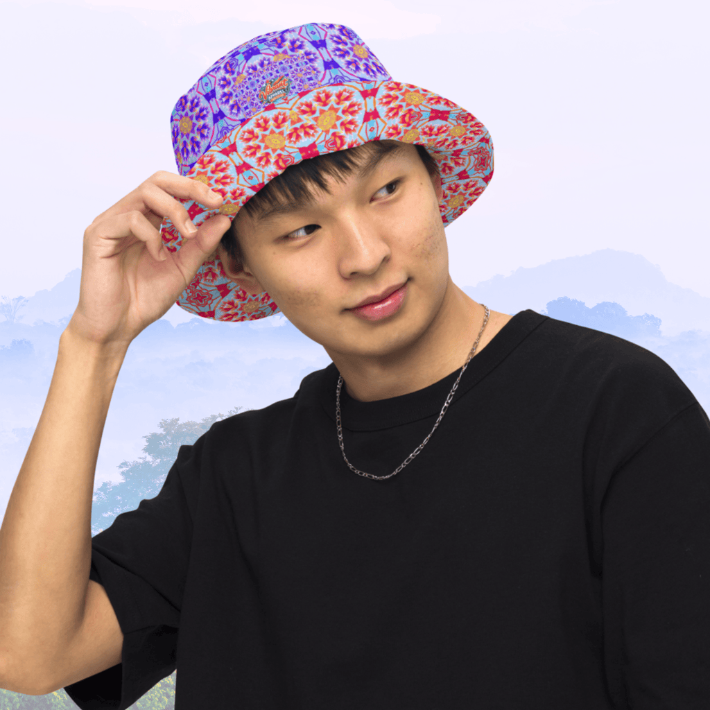 Vibrant Apparel New Zealand Reversible Kaleidoscope Bucket Hat | Purple & Orange Sunburst Festival Hat