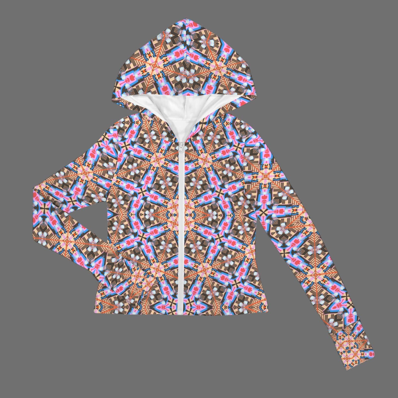 Flat lay studio shot of the front of a zipped performance jacket featuring a white zipper, a fitted hood with a clean white lining, and a vibrant kaleidoscope geometric pattern against a grey background.