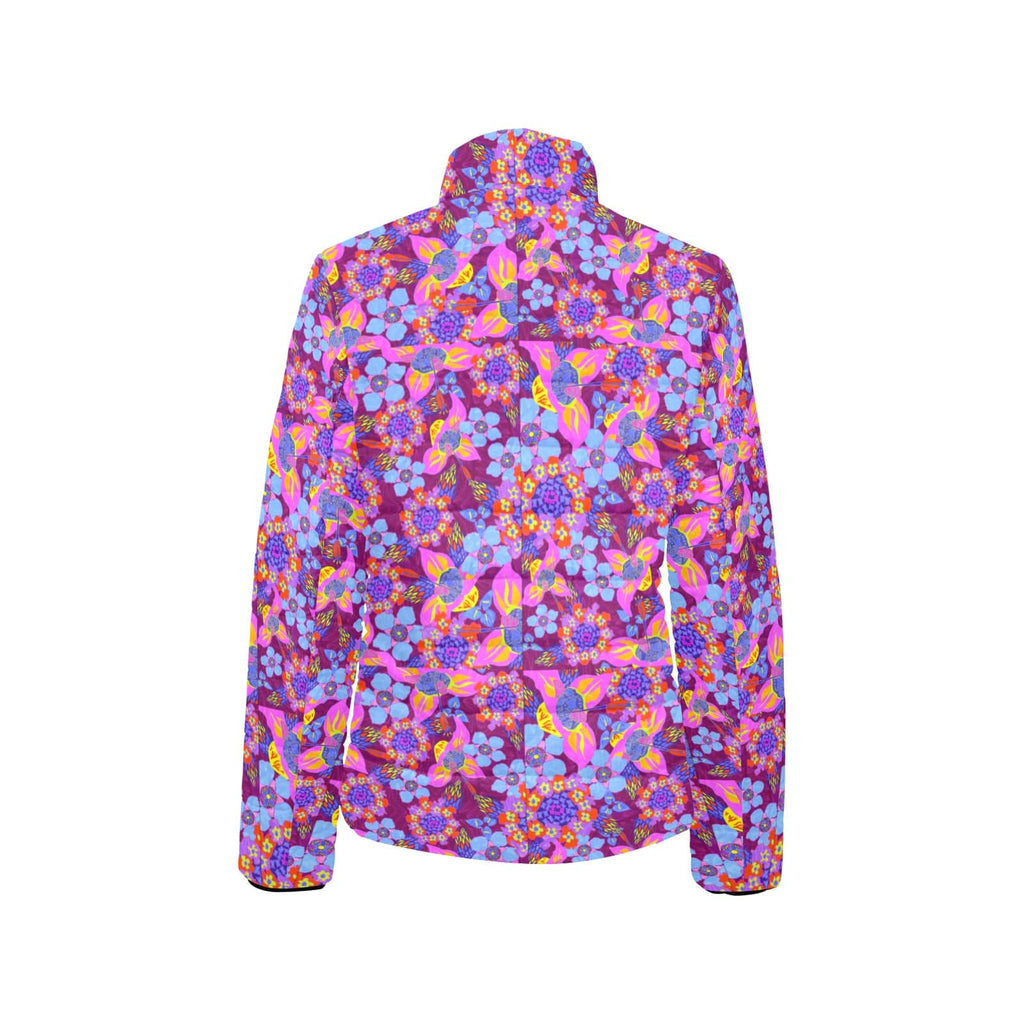 Artsadd Women's Stand Collar Padded Jacket (H41) Women’s Retro Floral Puffer Jacket – Vibrant Purple & Neon Pink