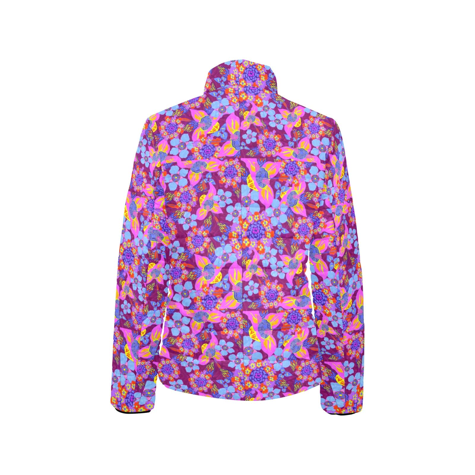Artsadd Women's Stand Collar Padded Jacket (H41) Women’s Retro Floral Puffer Jacket – Vibrant Purple & Neon Pink